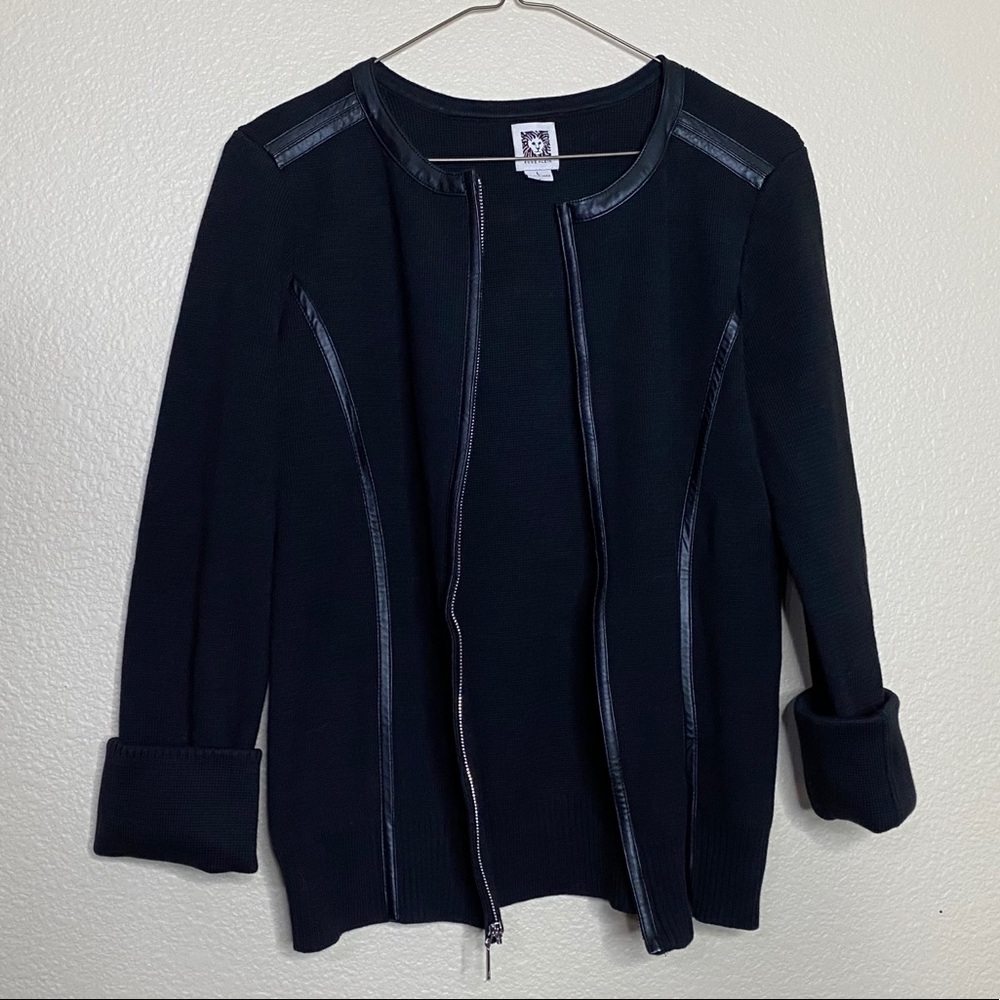 Anne Klein Sweater Black Faux Leather Trim Size L